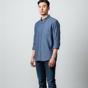 Old Navy Men's Blue Chambray Slim Fit Button-Down Shirt SZ L Linen Cotton